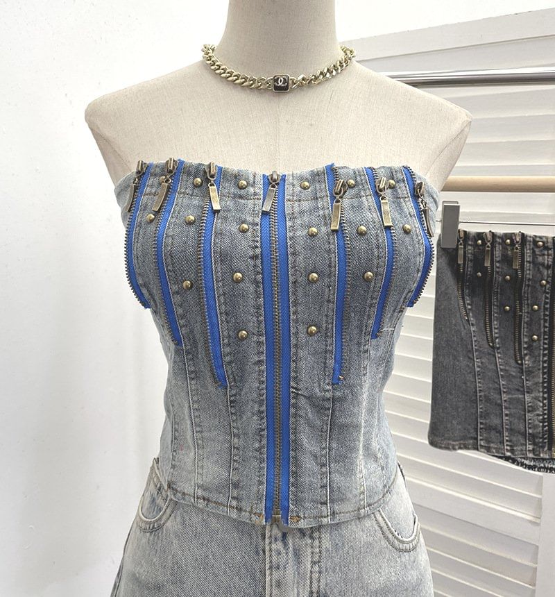 Multi-Zipper Studded Denim Strapless Corset