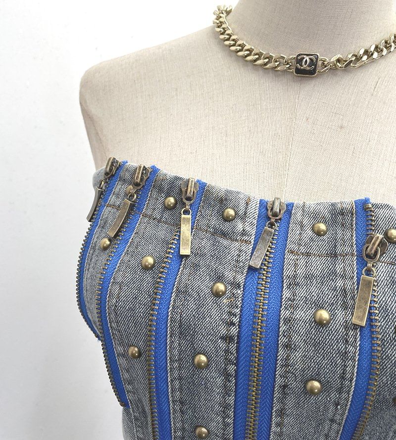 Multi-Zipper Studded Denim Strapless Corset
