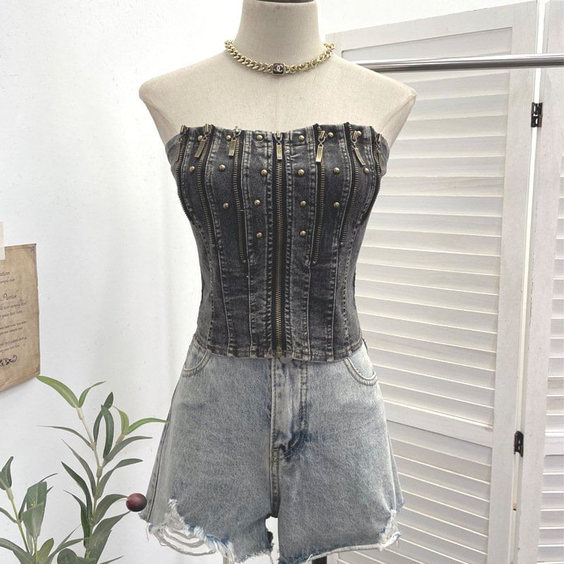 Multi-Zipper Studded Denim Strapless Corset