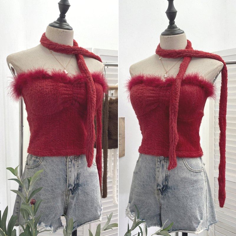 Set: Strapless Fluffy Trim Tube Top & Light Scarf