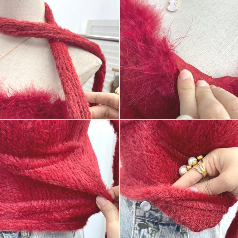 Set: Strapless Fluffy Trim Tube Top & Light Scarf