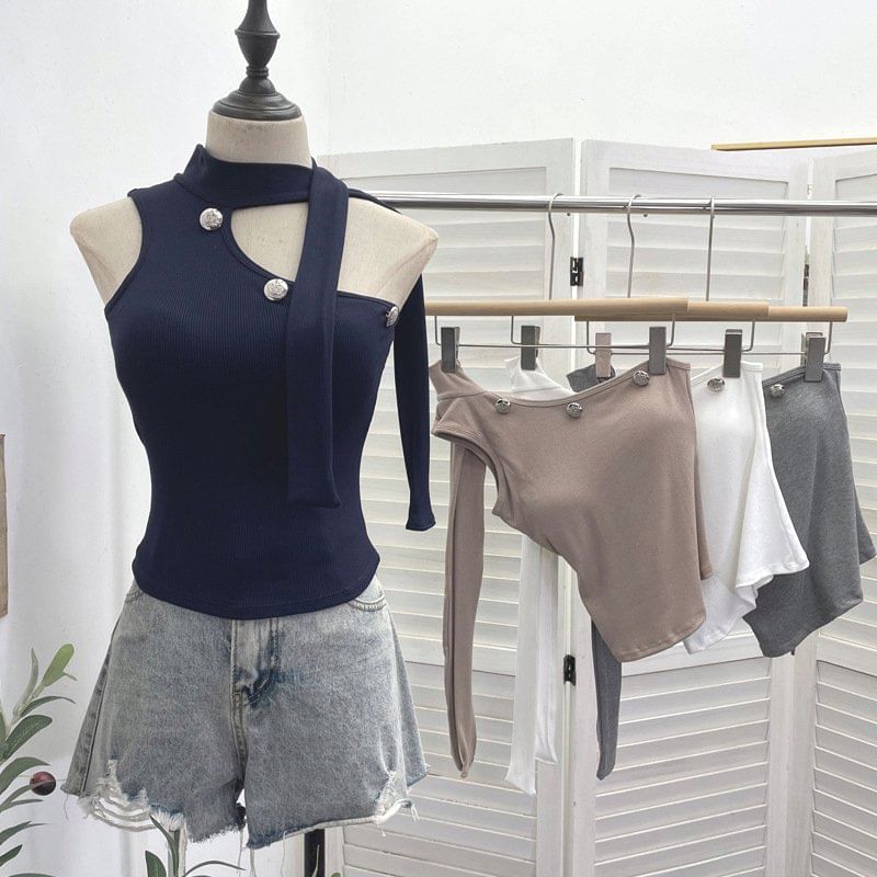 Asymmetrical Mock Neck Sleeveless Top