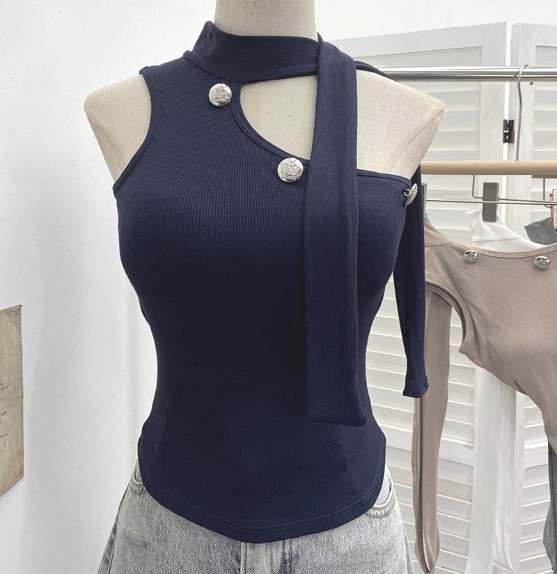 Asymmetrical Mock Neck Sleeveless Top