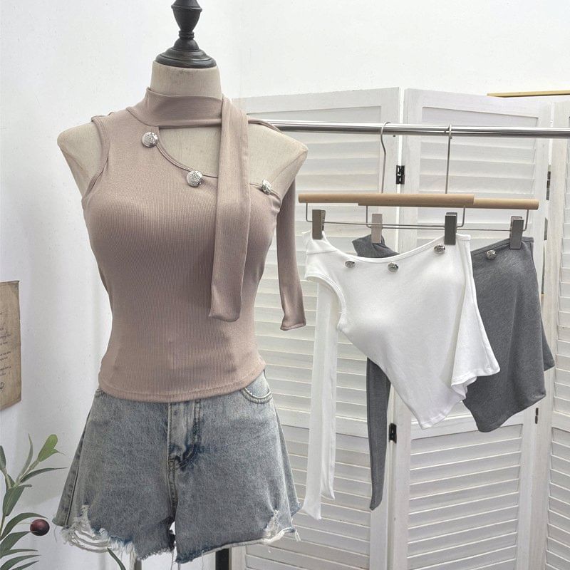 Asymmetrical Mock Neck Sleeveless Top