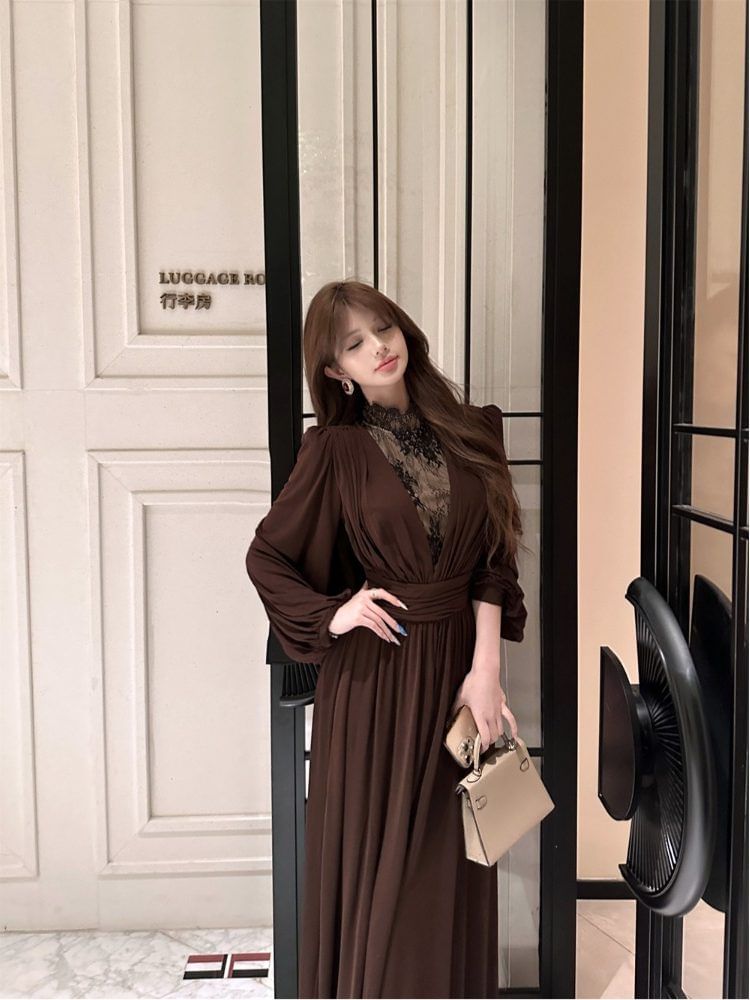 Long-Sleeve Mock Neck Plain Lace Panel Maxi A-Line Dress