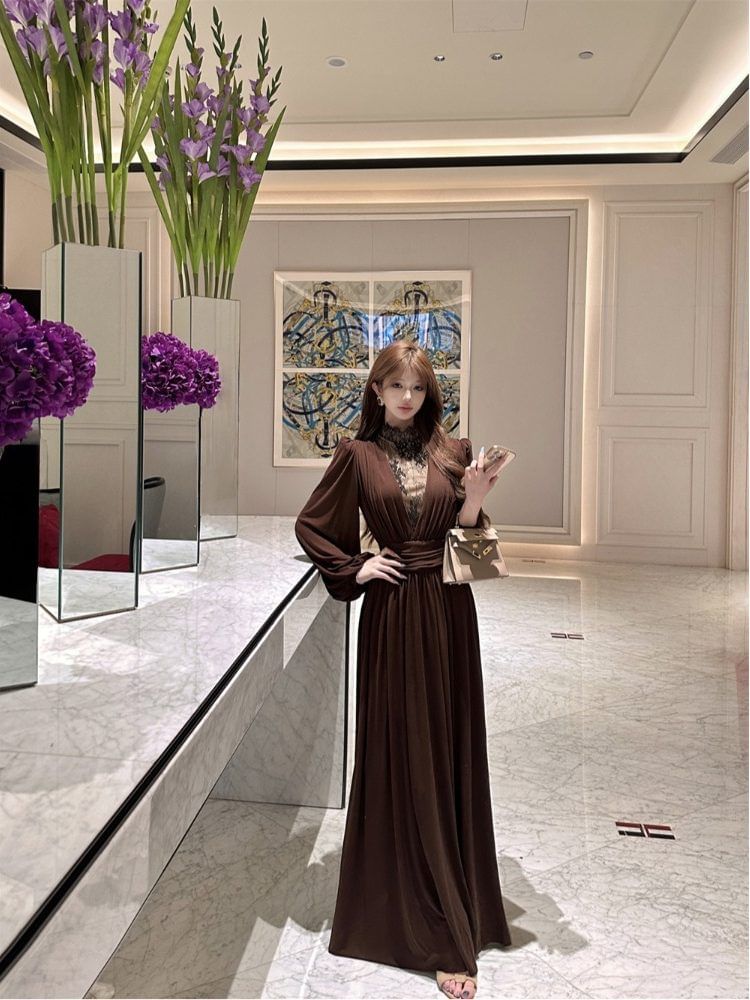Long-Sleeve Mock Neck Plain Lace Panel Maxi A-Line Dress