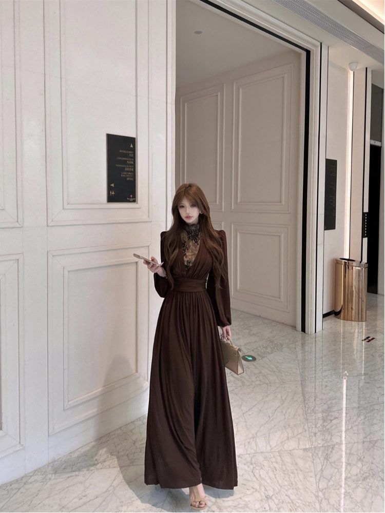 Long-Sleeve Mock Neck Plain Lace Panel Maxi A-Line Dress