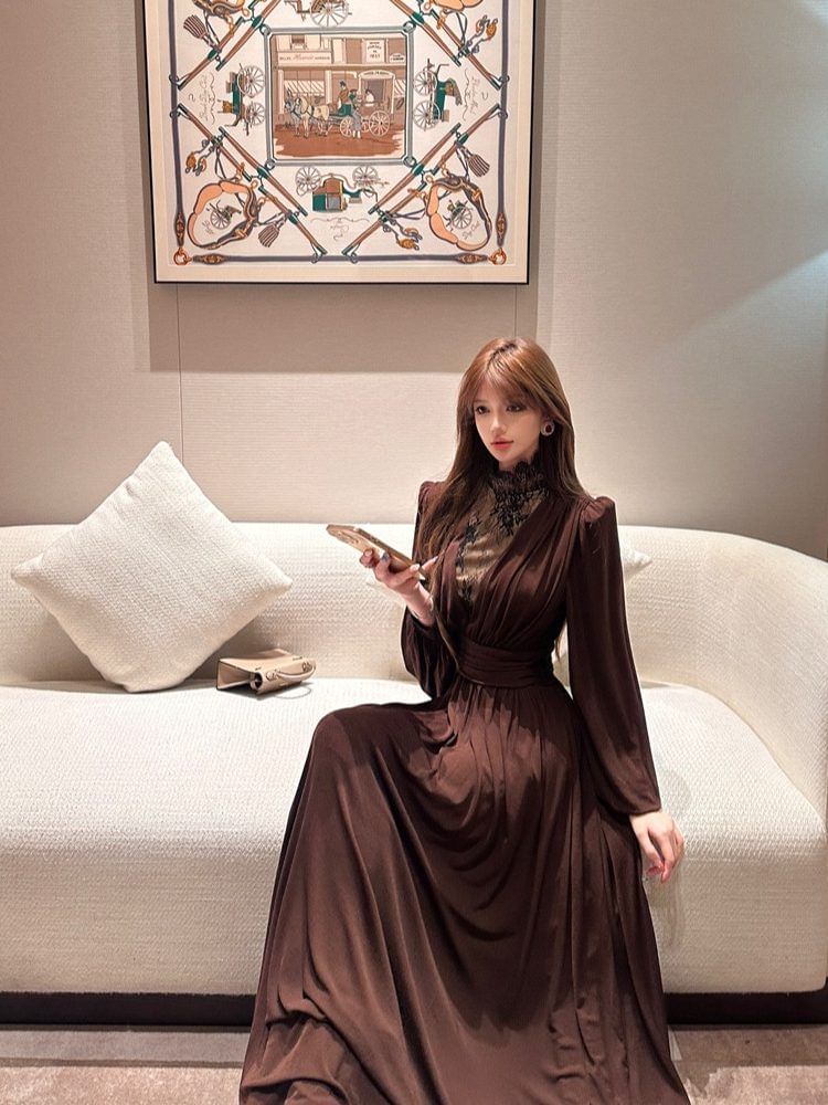 Long-Sleeve Mock Neck Plain Lace Panel Maxi A-Line Dress