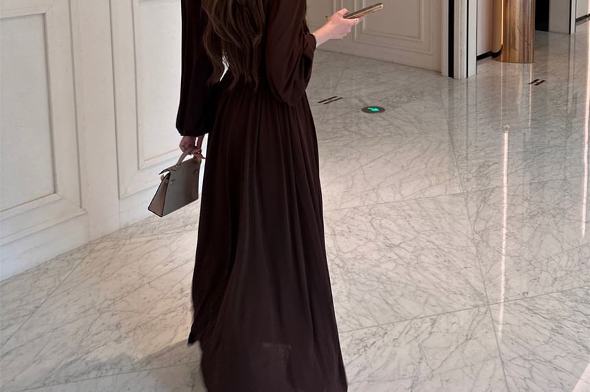 Long-Sleeve Mock Neck Plain Lace Panel Maxi A-Line Dress