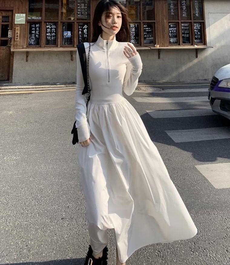 Long-Sleeve Square Neck Plain Maxi A-Line Dress