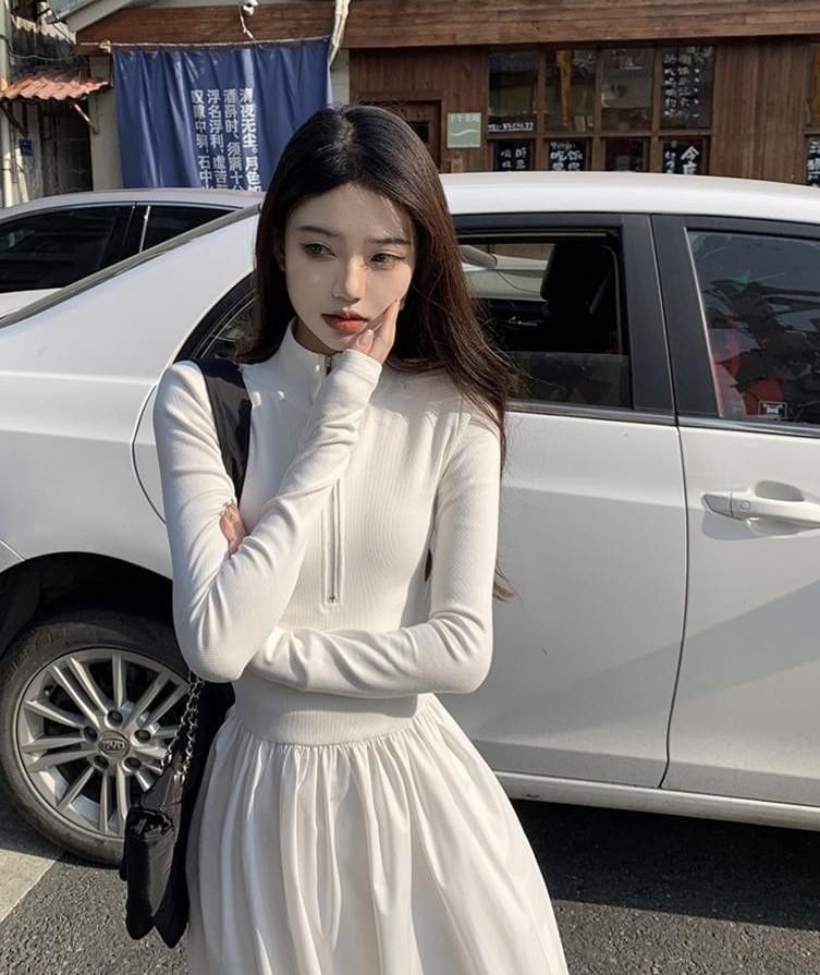 Long-Sleeve Square Neck Plain Maxi A-Line Dress