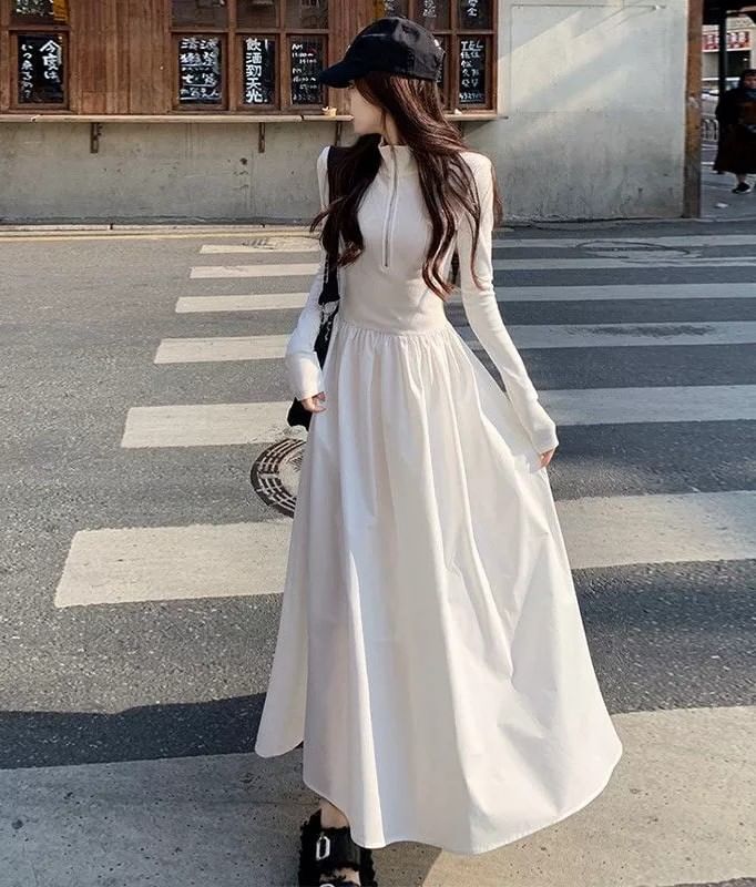 Long-Sleeve Square Neck Plain Maxi A-Line Dress