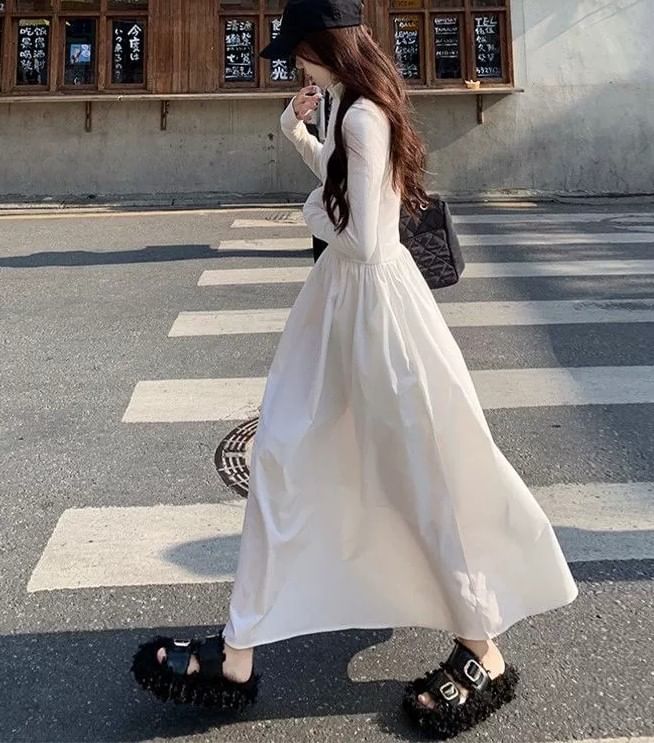 Long-Sleeve Square Neck Plain Maxi A-Line Dress