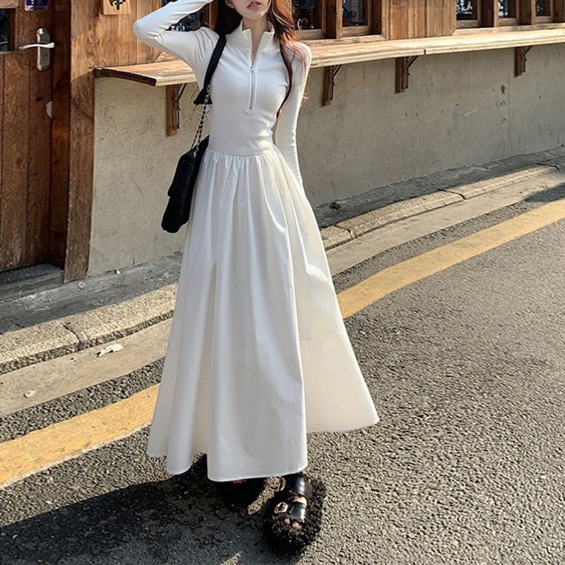 Long-Sleeve Square Neck Plain Maxi A-Line Dress