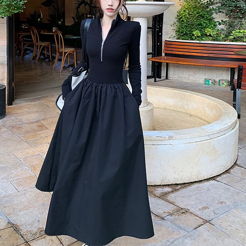 Long-Sleeve Square Neck Plain Maxi A-Line Dress