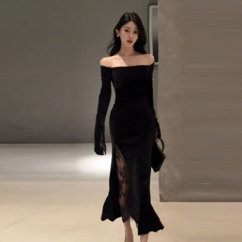 Long-Sleeve Off-Shoulder Plain Lace Trim Maxi Sheath Dress
