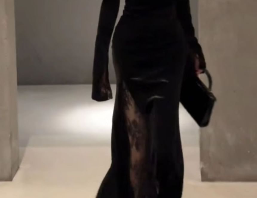 Long-Sleeve Off-Shoulder Plain Lace Trim Maxi Sheath Dress