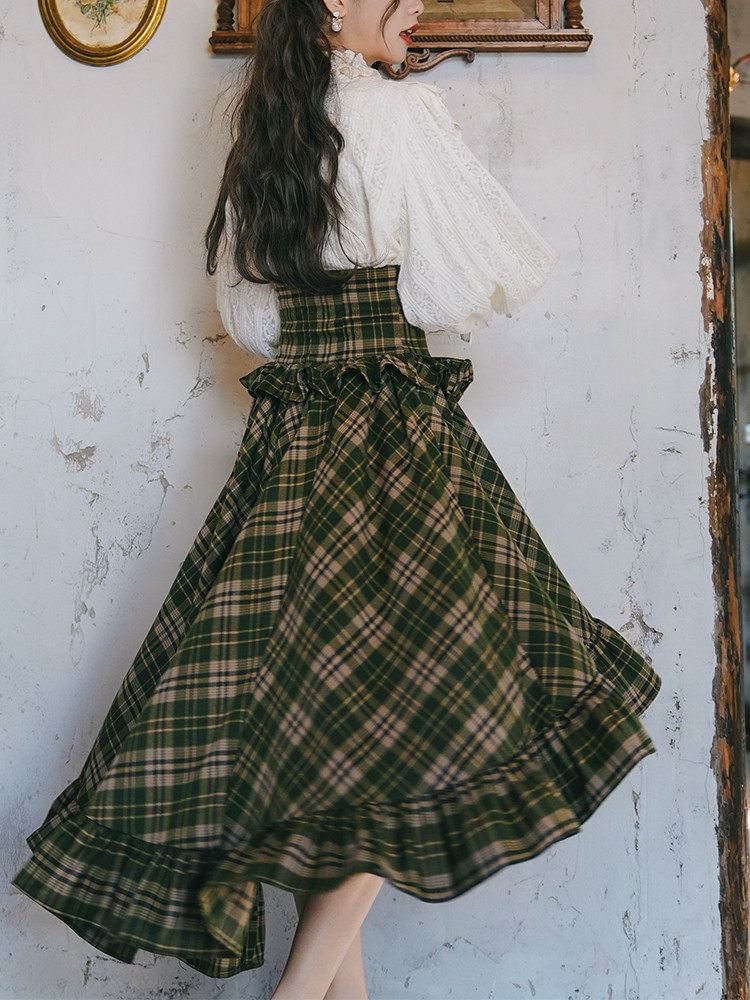 Lace Trim Blouse and Plaid Midi Skirt Set