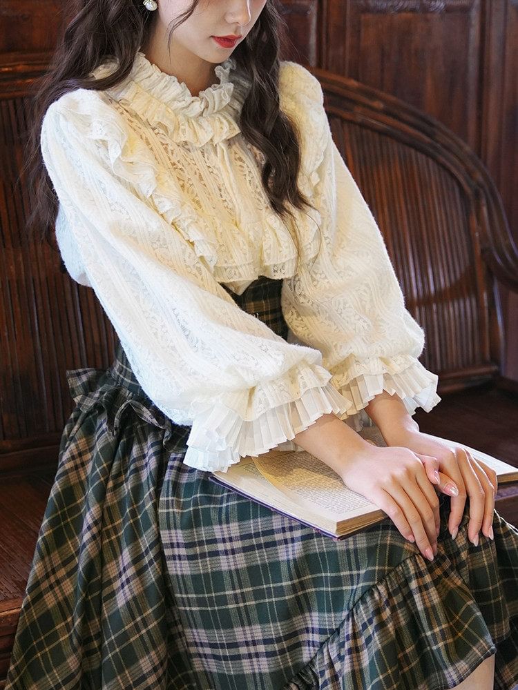 Lace Trim Blouse and Plaid Midi Skirt Set
