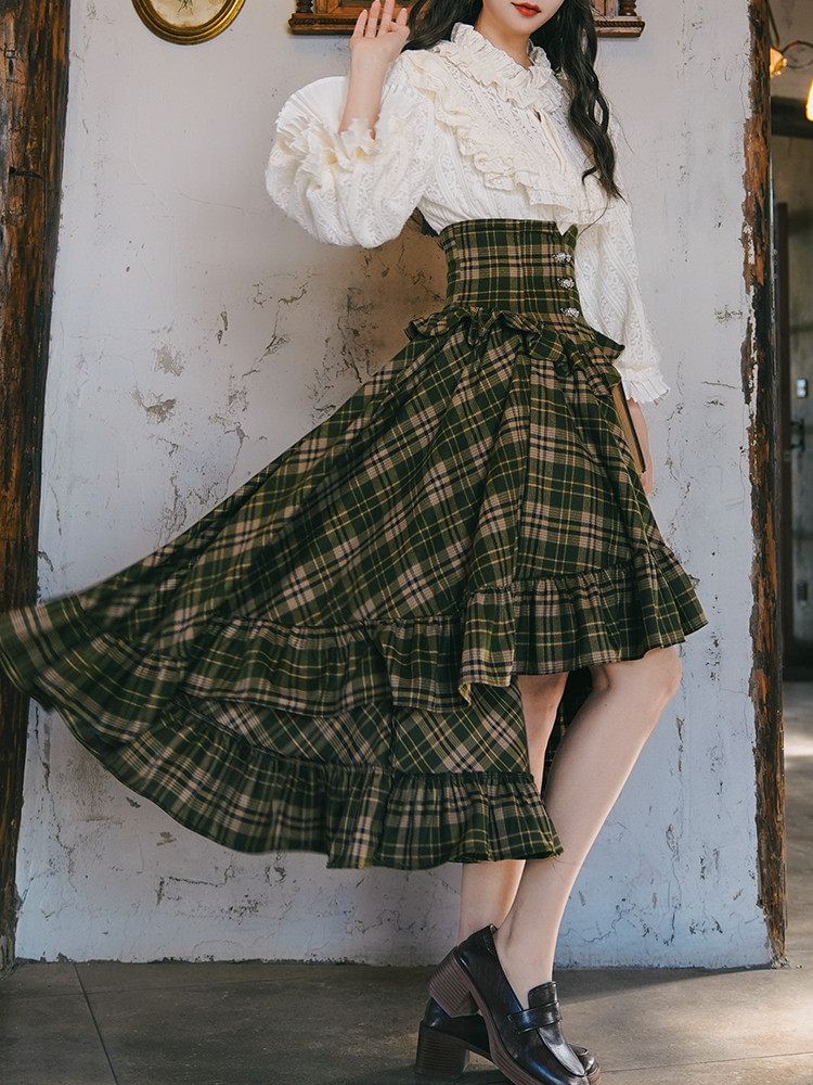Lace Trim Blouse and Plaid Midi Skirt Set