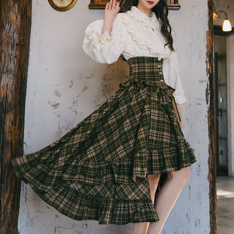 Lace Trim Blouse and Plaid Midi Skirt Set