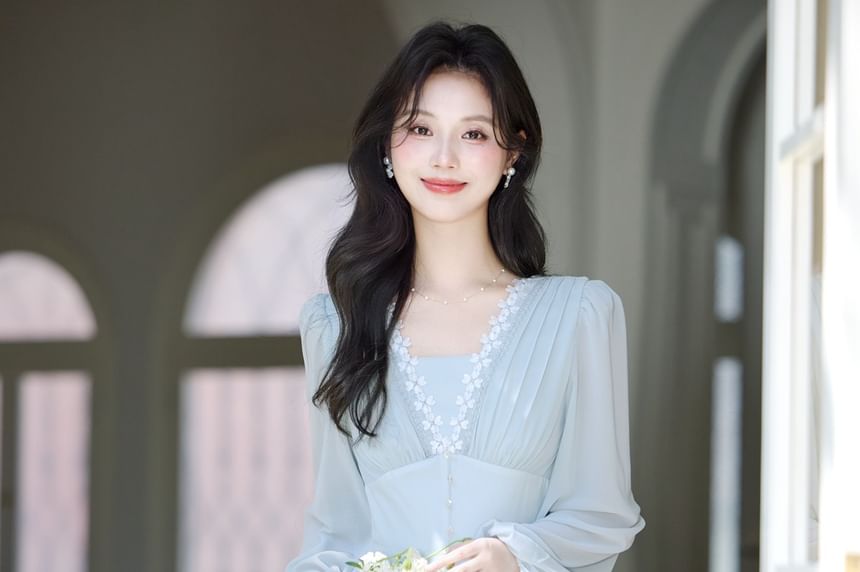 Long-Sleeve V-Neck Plain Lace Trim Maxi A-Line Dress