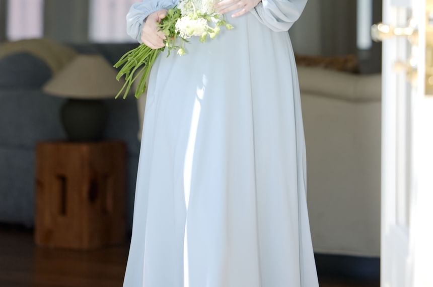 Long-Sleeve V-Neck Plain Lace Trim Maxi A-Line Dress