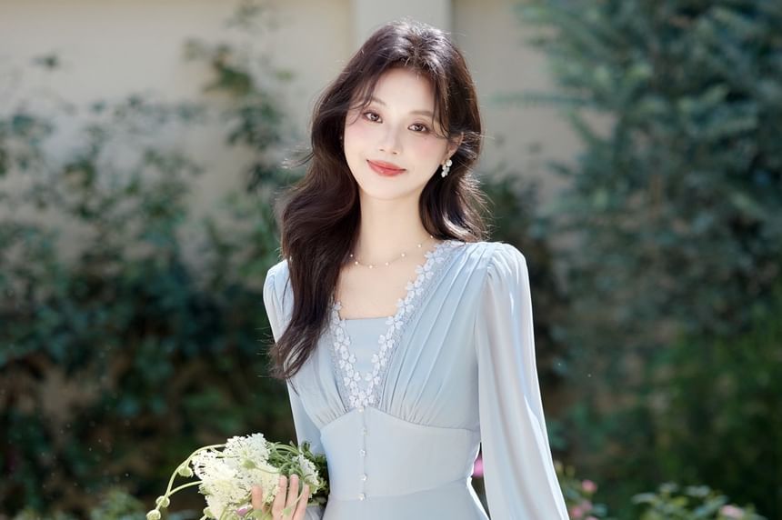Long-Sleeve V-Neck Plain Lace Trim Maxi A-Line Dress
