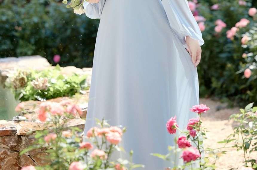 Long-Sleeve V-Neck Plain Lace Trim Maxi A-Line Dress