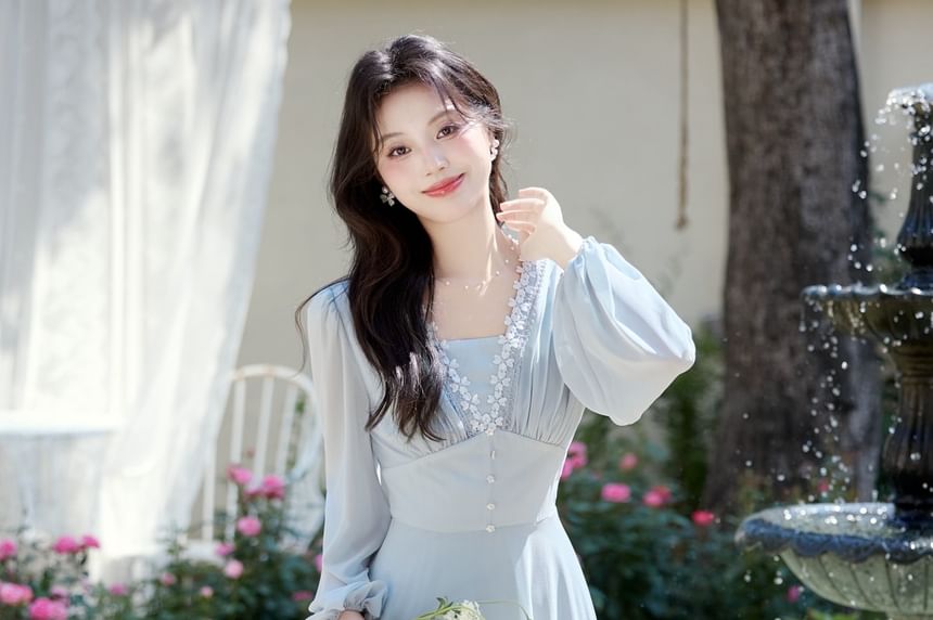 Long-Sleeve V-Neck Plain Lace Trim Maxi A-Line Dress