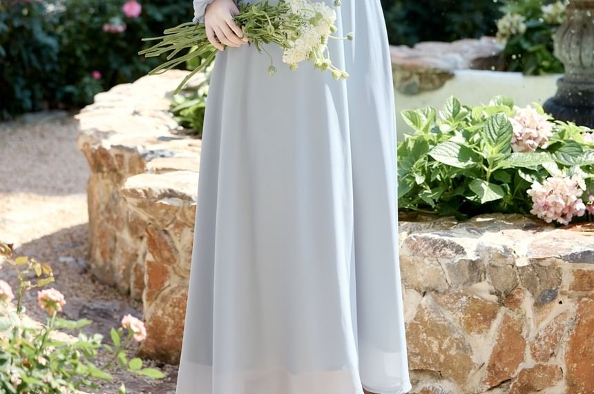 Long-Sleeve V-Neck Plain Lace Trim Maxi A-Line Dress