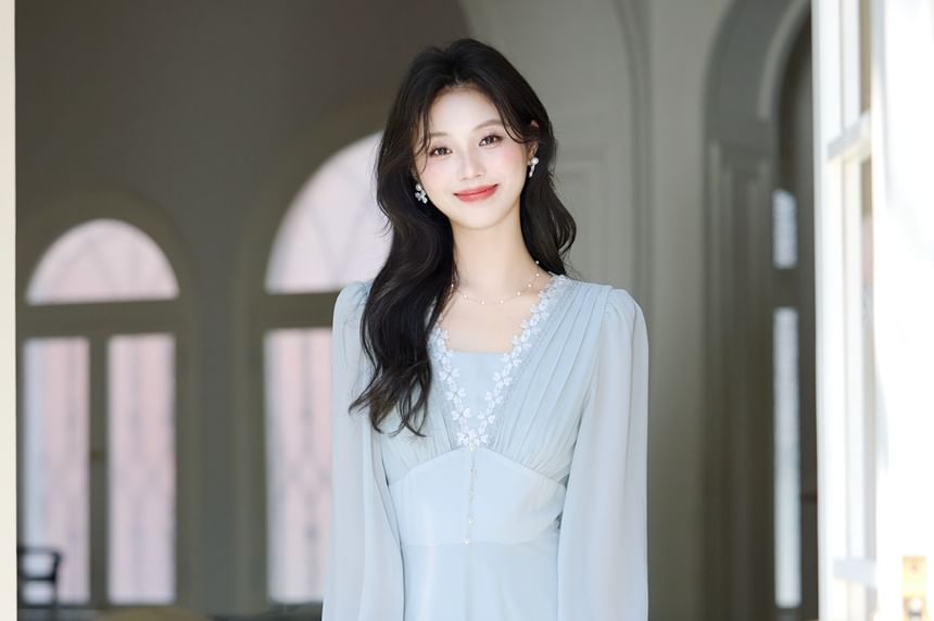 Long-Sleeve V-Neck Plain Lace Trim Maxi A-Line Dress