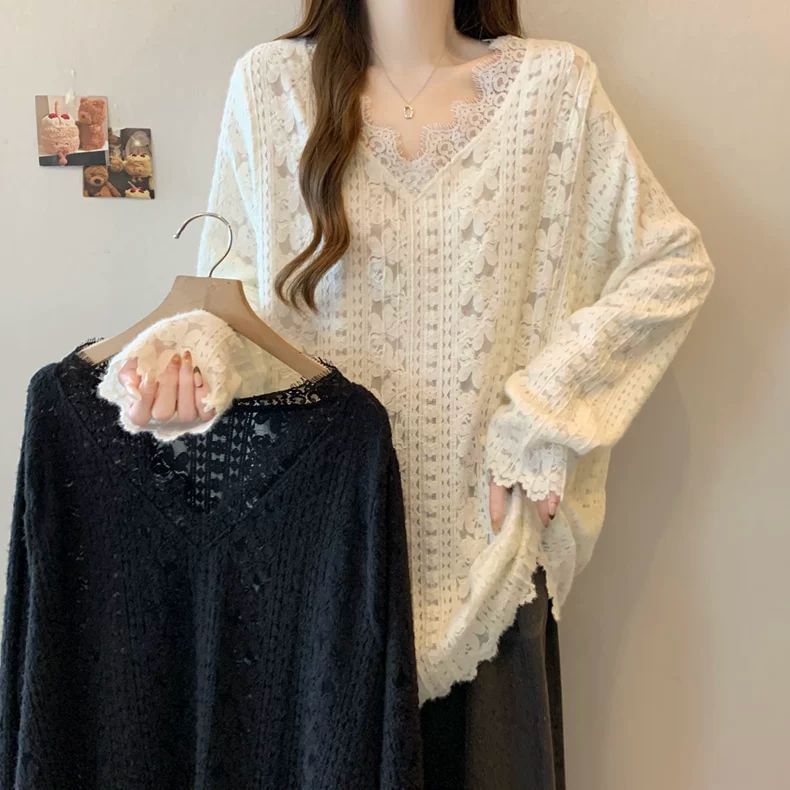 Lace V-Neck Tee with Long Sleeves