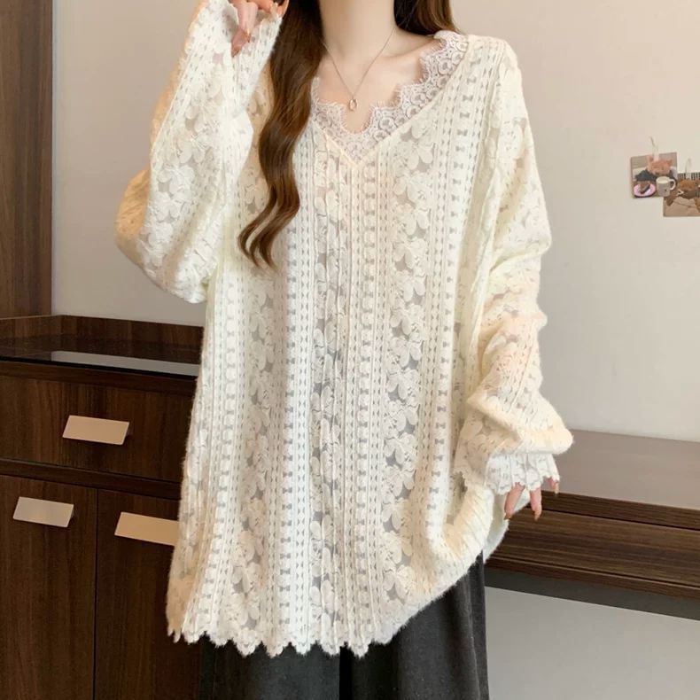 Lace V-Neck Tee with Long Sleeves