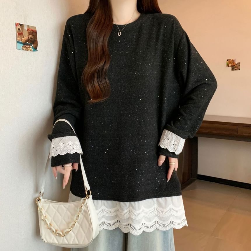 Crewneck Tee with Lace Hem and Long Sleeves