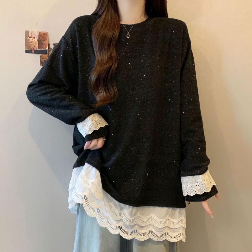 Crewneck Tee with Lace Hem and Long Sleeves