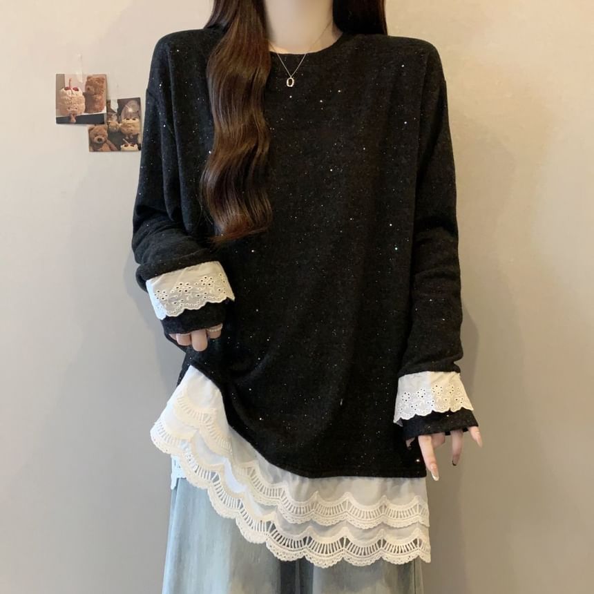 Crewneck Tee with Lace Hem and Long Sleeves