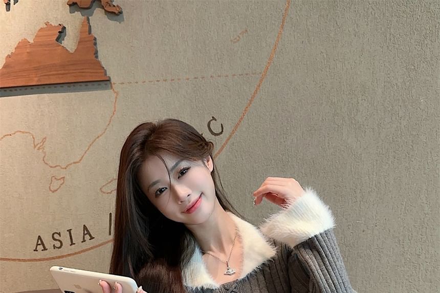 Collared Ribbed Knit Top with Two-Tone Lace-Up Panel