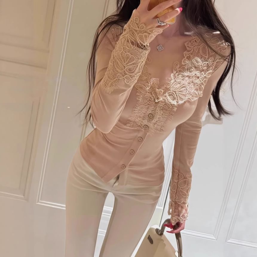 Button Panel Lace Top with V-Neck and Long Sleeves