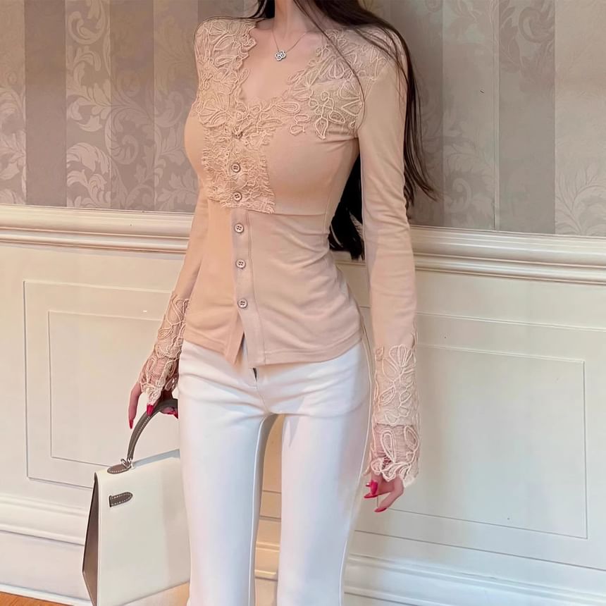 Button Panel Lace Top with V-Neck and Long Sleeves