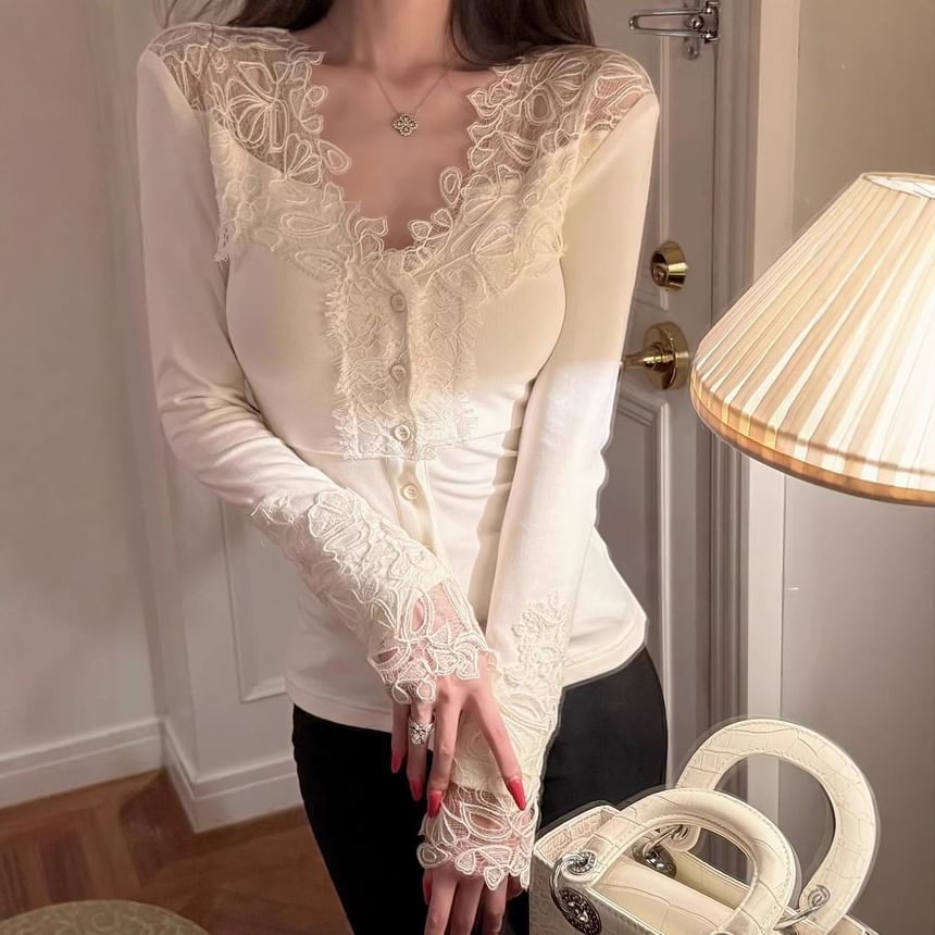 Button Panel Lace Top with V-Neck and Long Sleeves