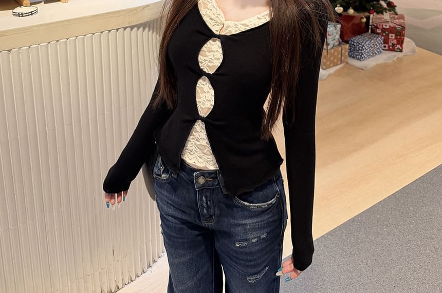 Mock Two-Piece Lace Panel Top with V-Neck and Long Sleeves