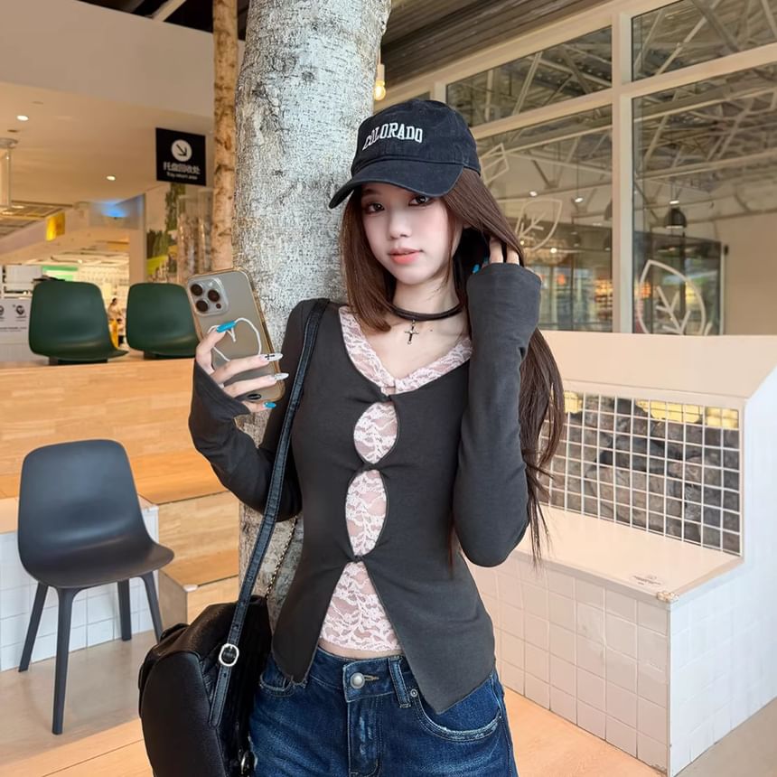 Mock Two-Piece Lace Panel Top with V-Neck and Long Sleeves
