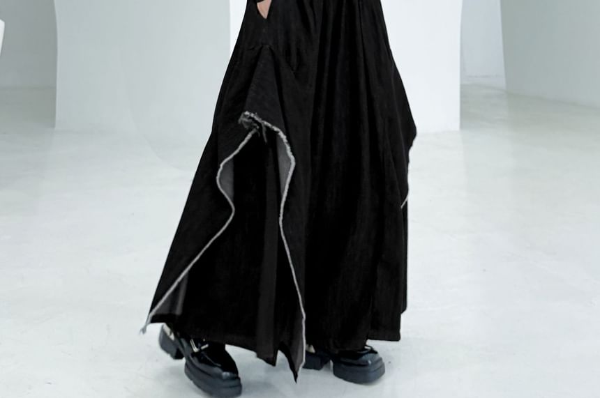 Elastic Waist Washed Frayed Slit Denim Culottes