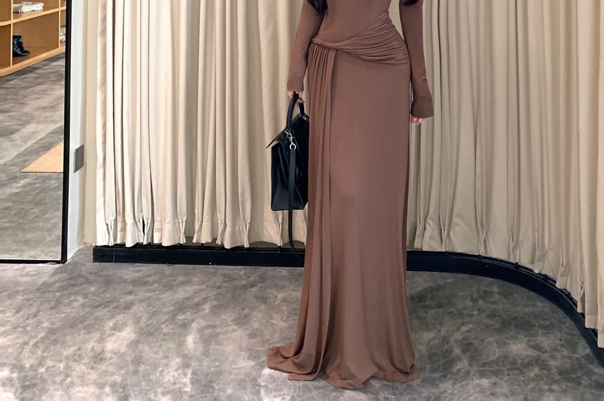 Long Sleeve V-Neck Plain Keyhole Ruched Panel Lace Maxi A-Line Dress