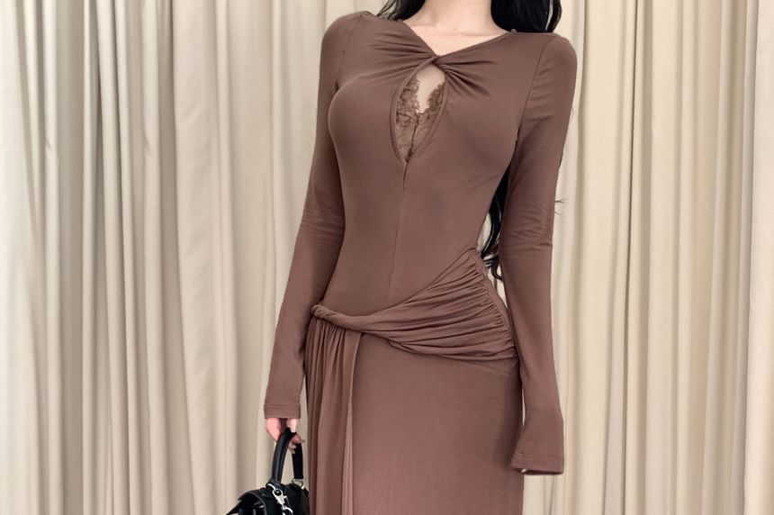Long Sleeve V-Neck Plain Keyhole Ruched Panel Lace Maxi A-Line Dress