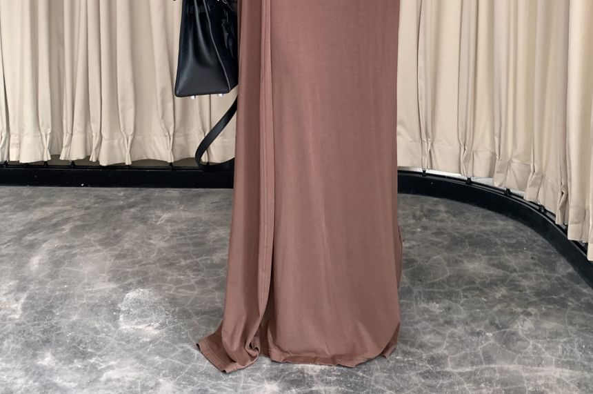 Long Sleeve V-Neck Plain Keyhole Ruched Panel Lace Maxi A-Line Dress