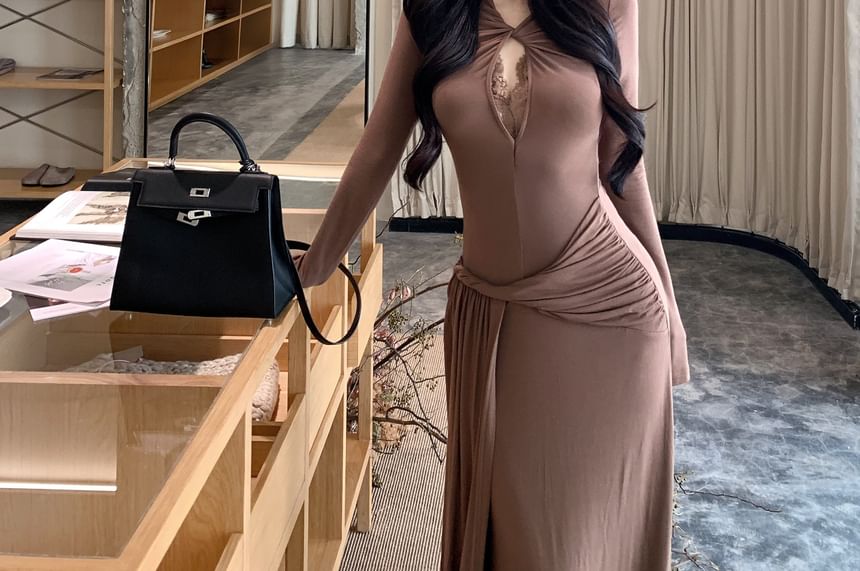 Long Sleeve V-Neck Plain Keyhole Ruched Panel Lace Maxi A-Line Dress