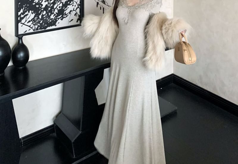 Long Sleeve V-Neck Plain Panel Lace Maxi A-Line Dress