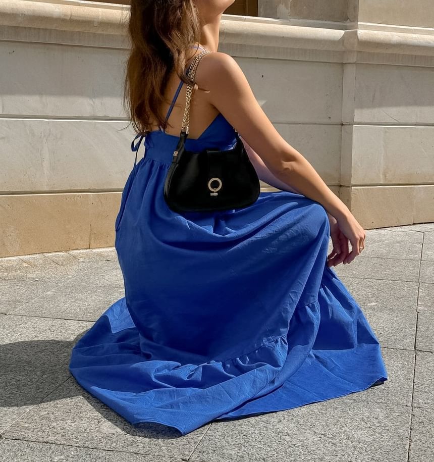 Spaghetti Strap V-Neck Plain Open-Back Maxi A-Line Dress